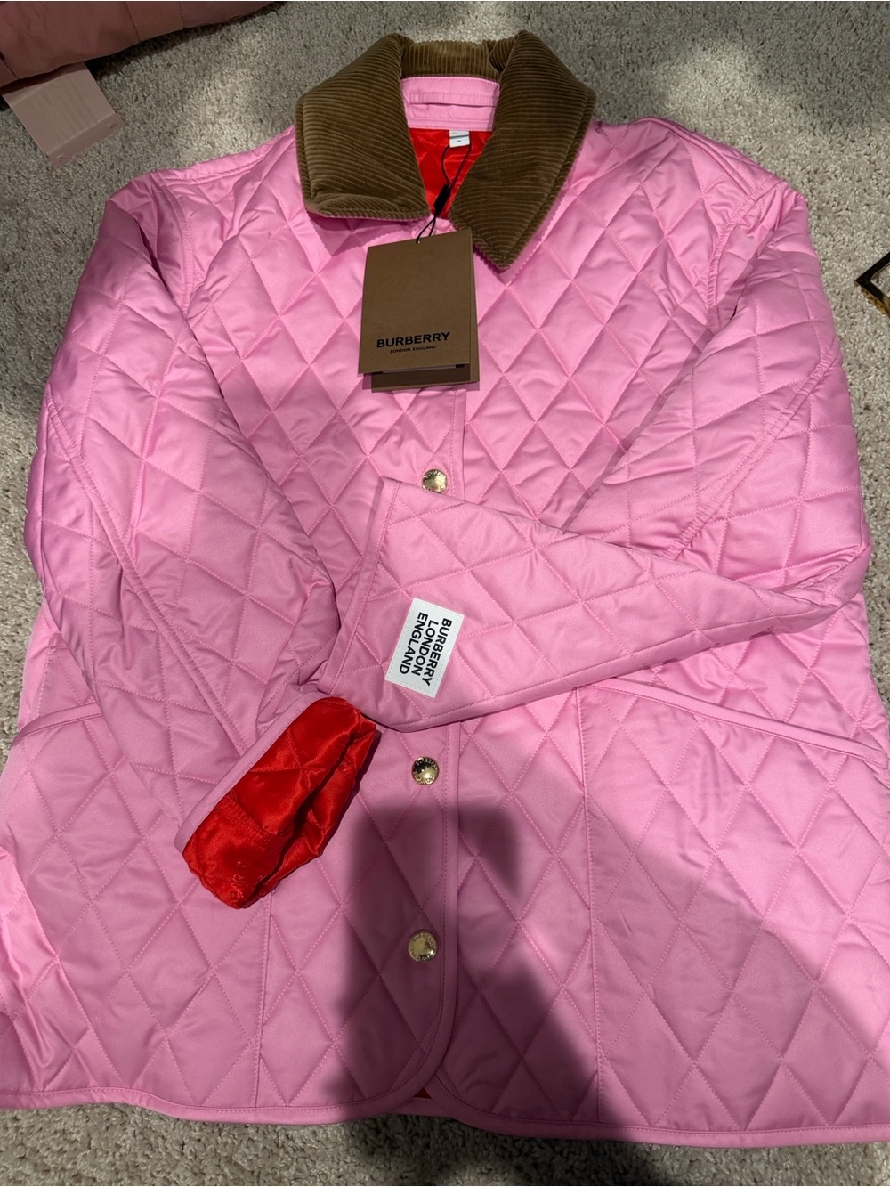Burberry Pink Quilted Jacket with Brown Corduroy Collar